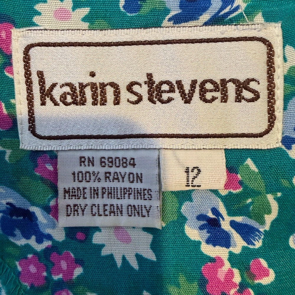 Vintage Karin Stevens teal floral dress short puff sleeve drop waist pleated 12 - Picture 7 of 8